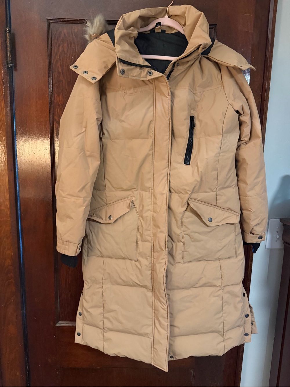 Swiss Tech Women's Long Puffer Coat in Tan with Hood